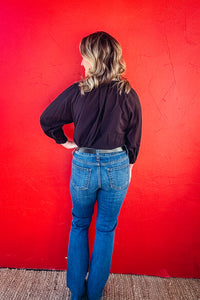 Pearl Puff Sleeves V Neck Leopard Collared Top