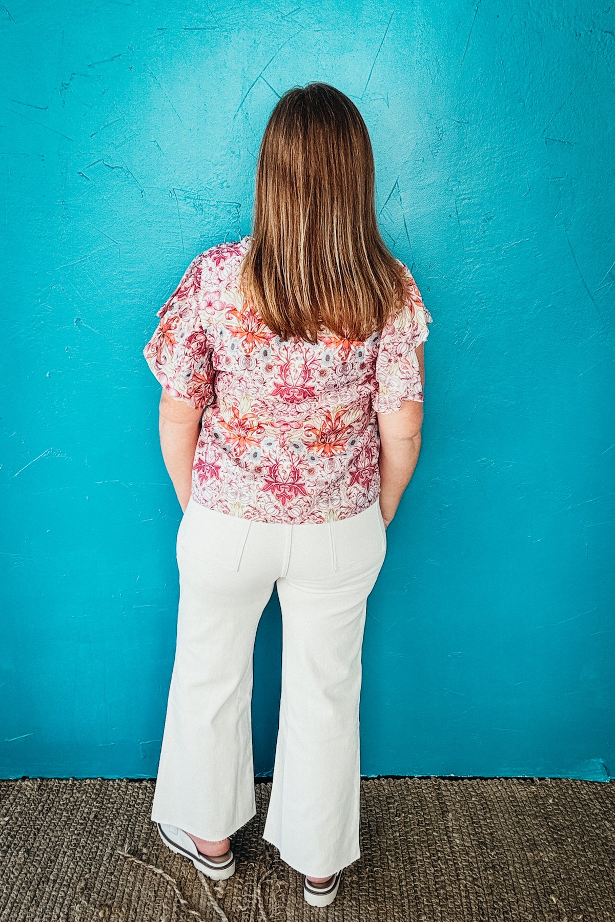 Marlowe Ruffled Detail Hidden Button Up Floral Print Top