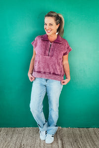 Peyton Mineral Wash Half Zip Pullover in Plum