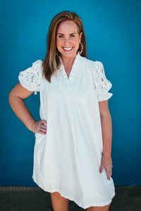 Collins Lace Puff Sleeve Smocked V-Neck Babydoll Dress