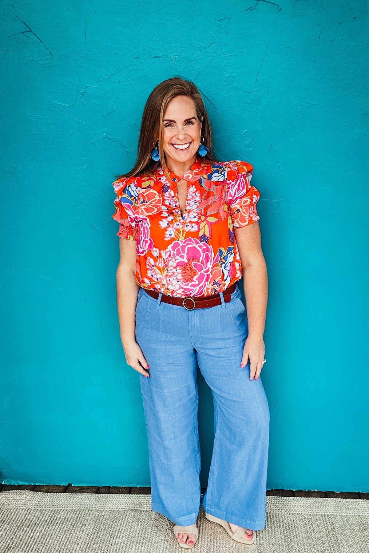 Meg Wide Leg Linen Pants Cornflower Blue