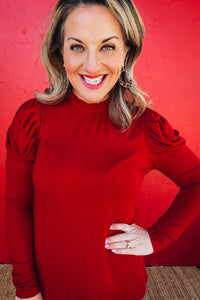 Charlotte Gathered Puff Sleeve Mock Neck Top