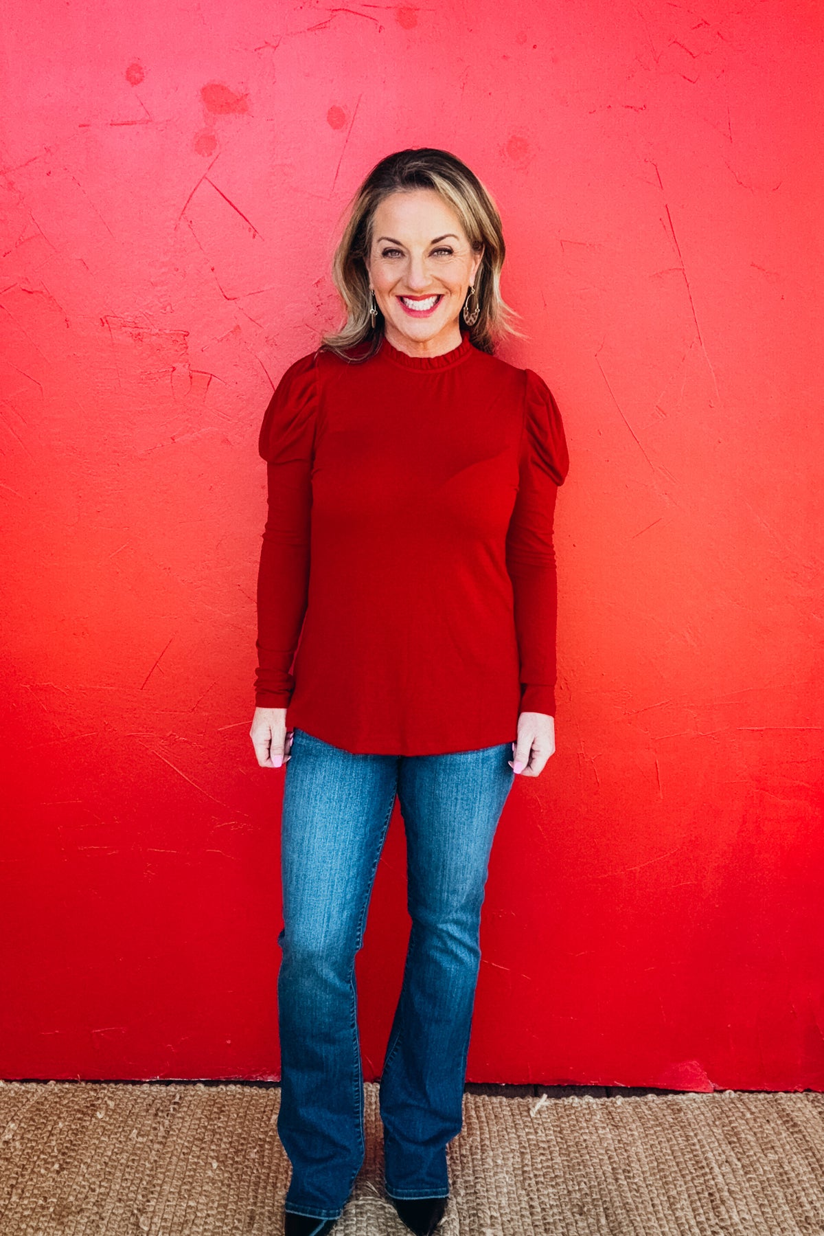 Charlotte Gathered Puff Sleeve Mock Neck Top