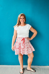 Elizabeth Geometric Floral Print Tiered Mini Skirt