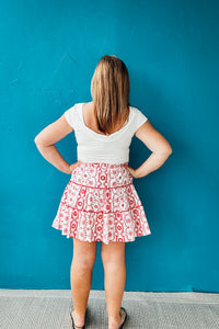 Elizabeth Geometric Floral Print Tiered Mini Skirt
