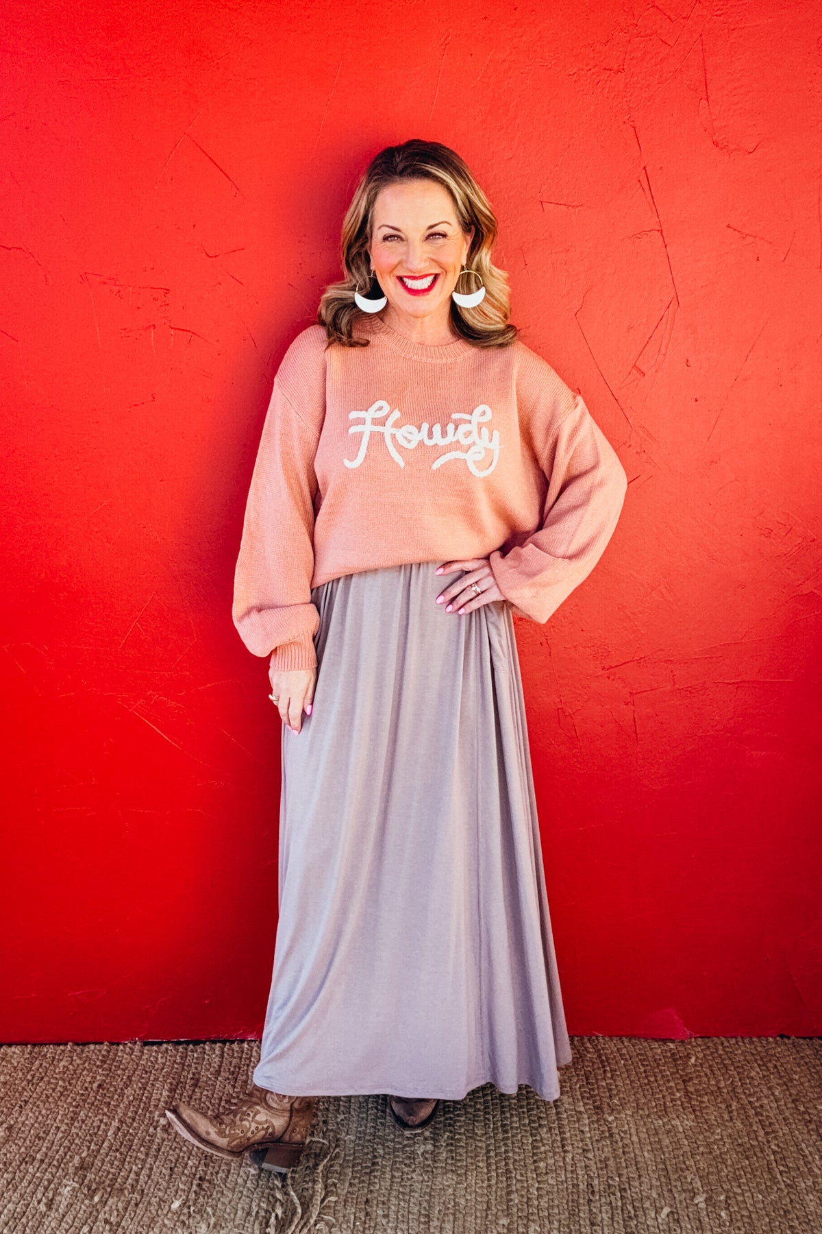 Howdy Embroidered Round Neck Oversized Sweater