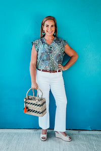 Tiffany Pleated Sleeve Button Down Floral Printed Top