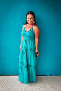 Justine Boho Embroidered V Neck Tiered Halter Maxi Dress
