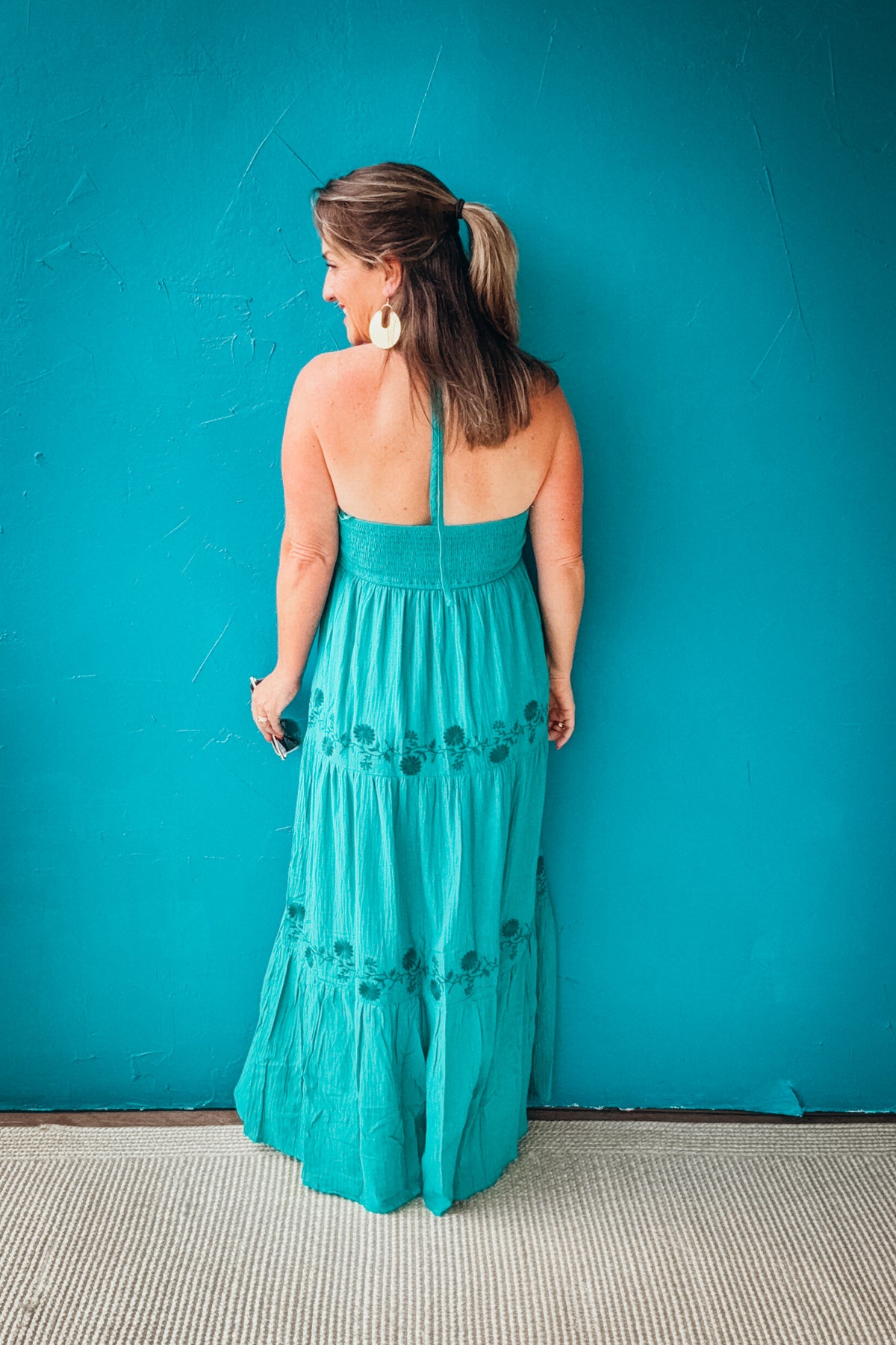 Justine Boho Embroidered V Neck Tiered Halter Maxi Dress