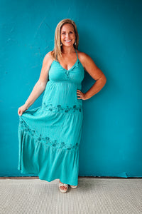Justine Boho Embroidered V Neck Tiered Halter Maxi Dress