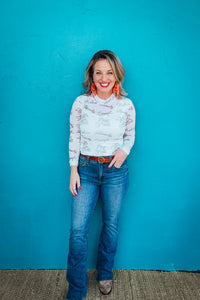 Cashlyn Mesh Graphic Long Sleeve Mock Neck Top