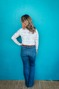 Cashlyn Mesh Graphic Long Sleeve Mock Neck Top