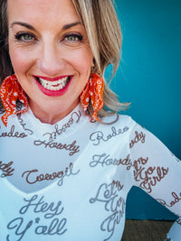 Cashlyn Mesh Graphic Long Sleeve Mock Neck Top