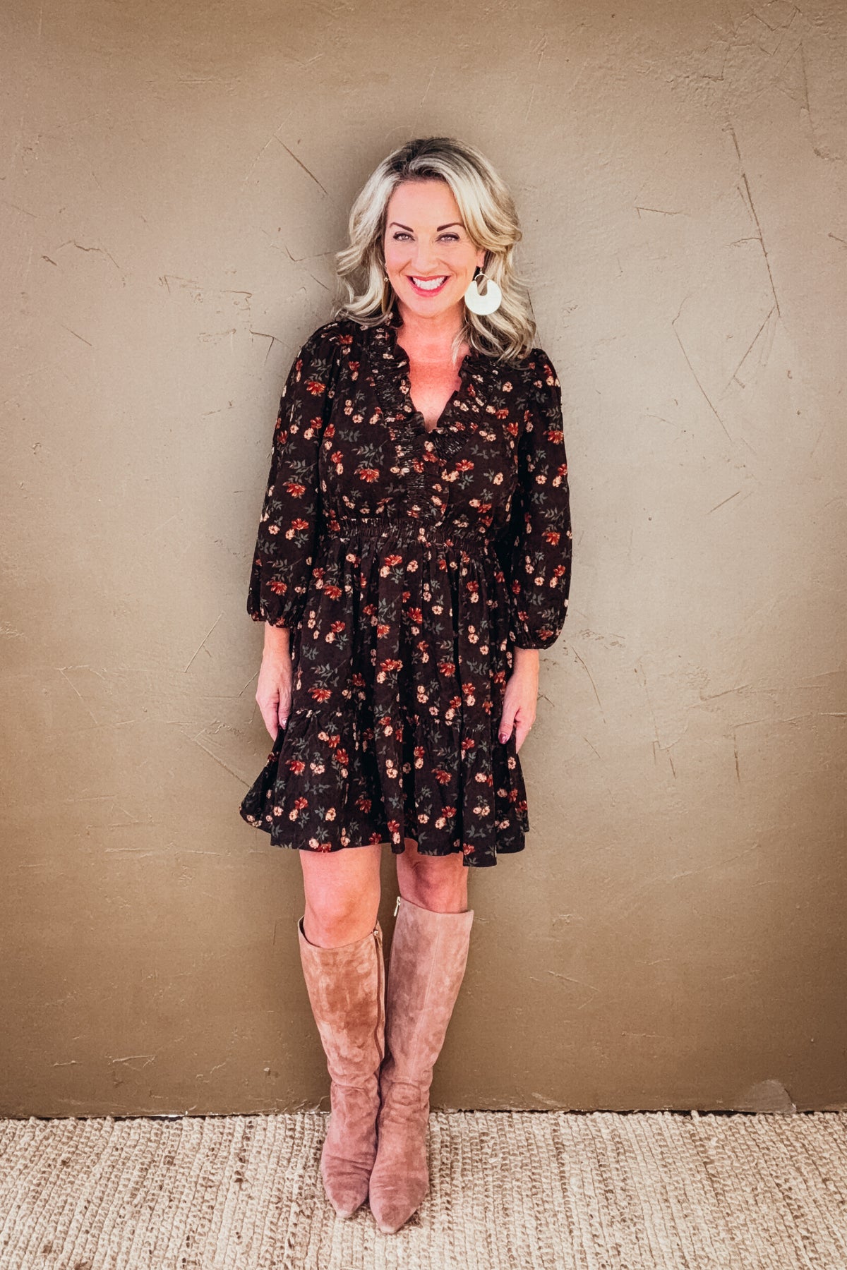 Maren Corduroy Floral Ruffle Mini Dress