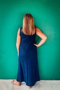 Lydia Solid V Neck Ribbed Knit Midi Dress