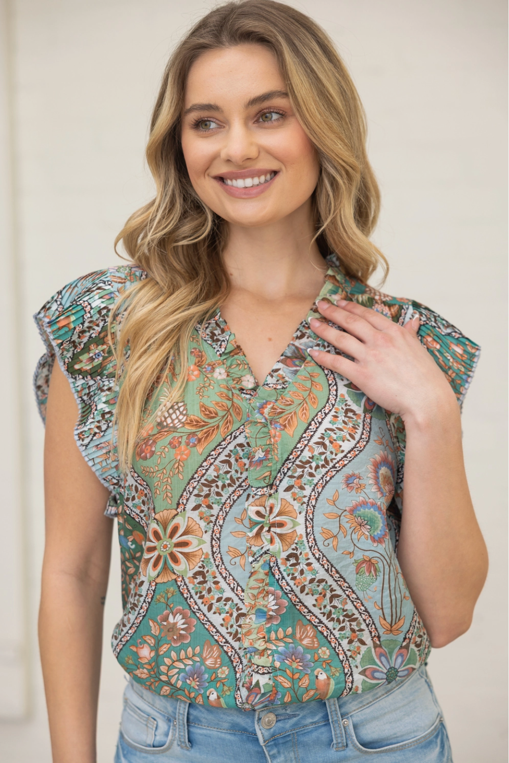 Tiffany Pleated Sleeve Button Down Floral Printed Top - Green