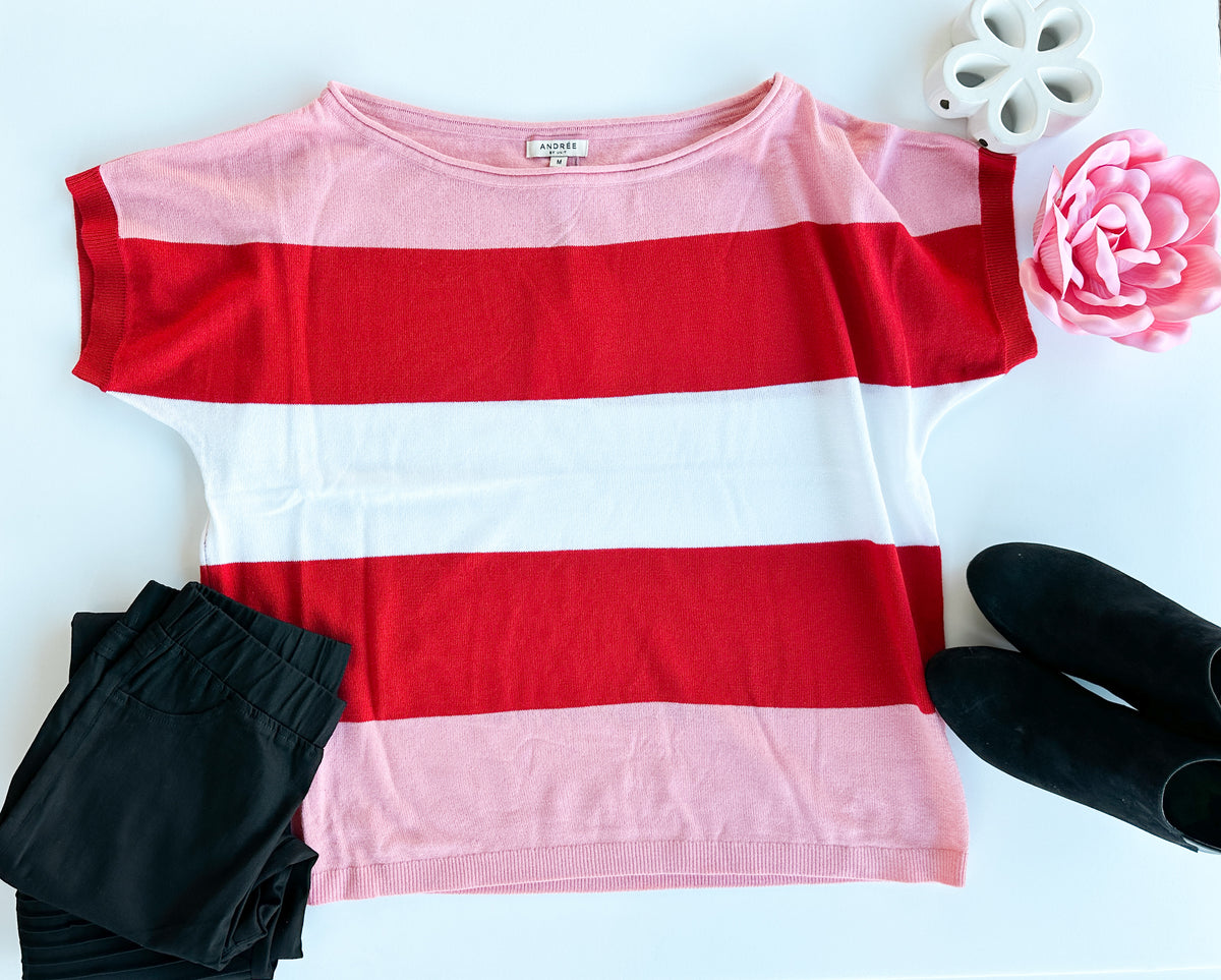 Red & Pink Striped Short Sleeved Sweater