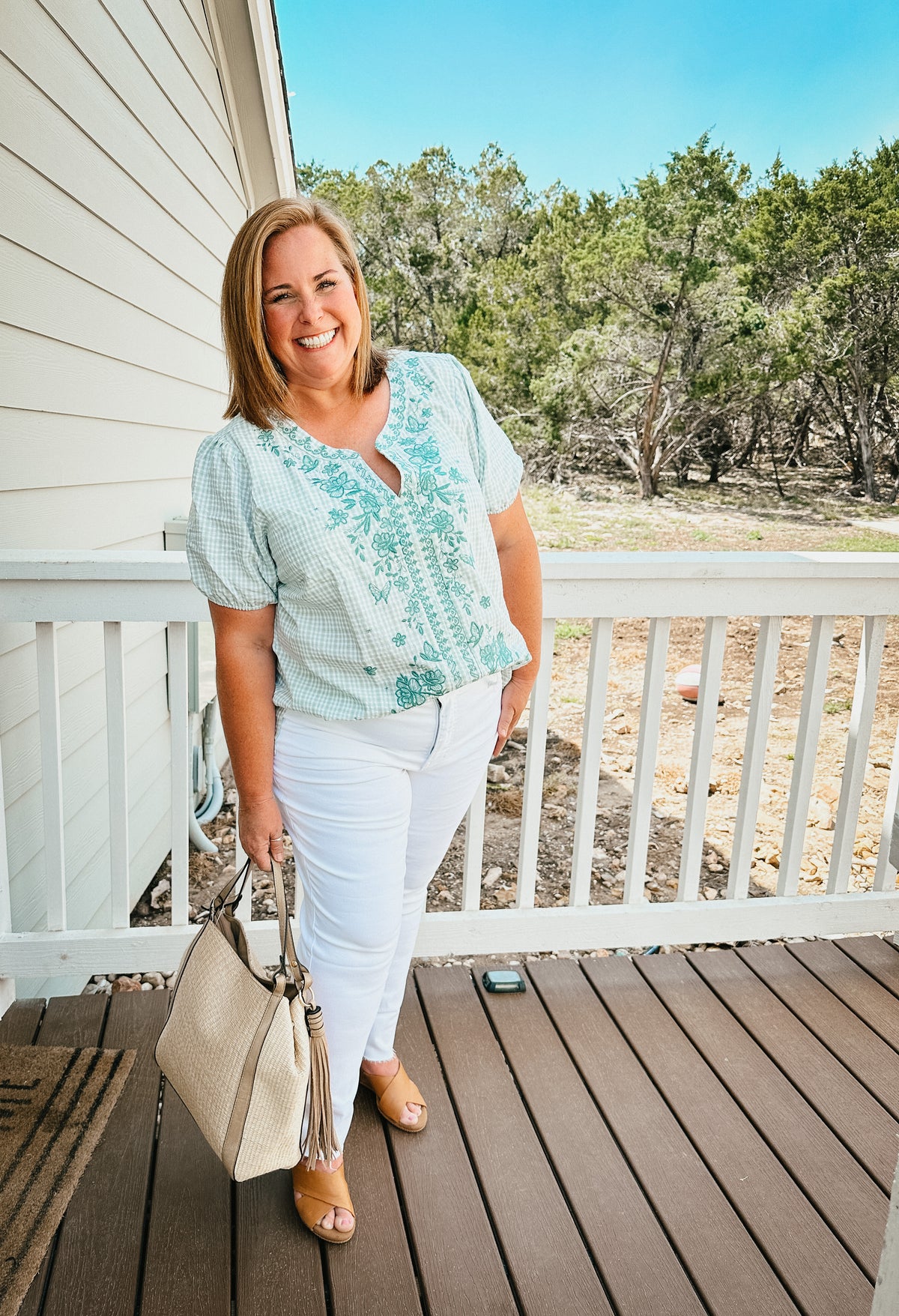 Gingham Embroidered Sage Top