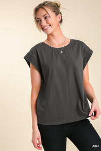 Oversized Crew Neck Top with Ribbed Shoulder
