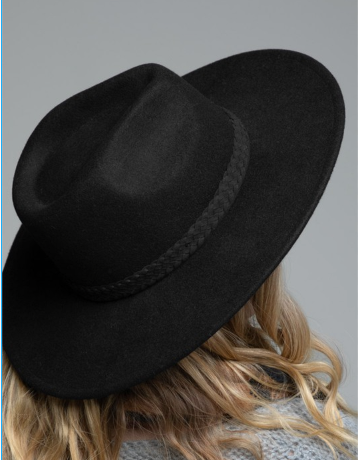 Braided Leather Trim Panama Hat in Black